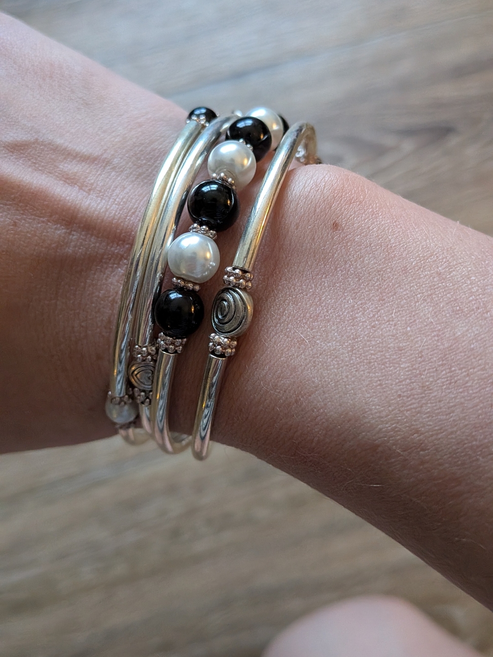 Silver-Tone Black & White Bead Wrap Bracelet